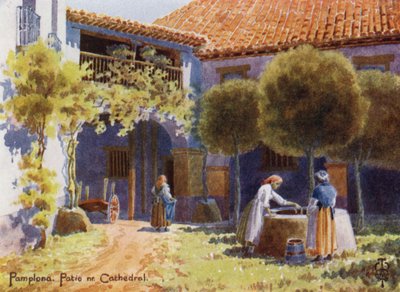 Nord-Spania: Pamplona, en uteplass nær katedralen (farge litho) av Edgar T. A. Wigram