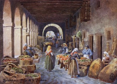 Nord-Spania: Salamanca, arkader på Plaza de la Verdura (farge litho) av Edgar T. A. Wigram