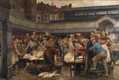 Det gamle fiskemarkedet i Antwerpen i 1882 (olje på lerret) av Edgard Farasyn