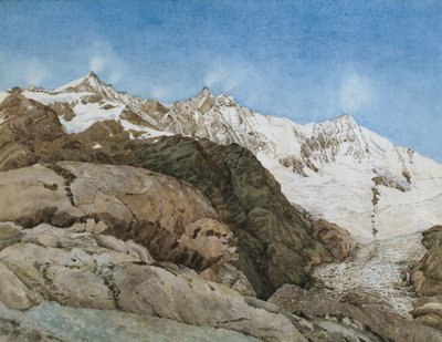 The Mischabe Horner fra Saas-Fee, Valais, Sveits (wc med gouache på papir) av Edith A. Paine