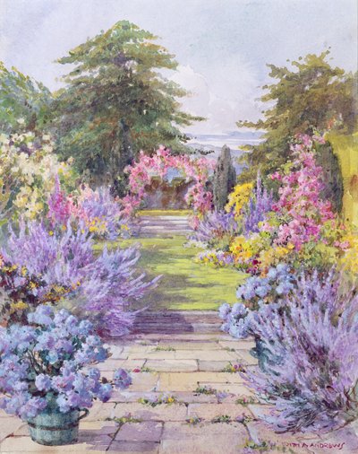 Flaggsteinstien i en sommerhage (wc på papir) av Edith Alice Andrews