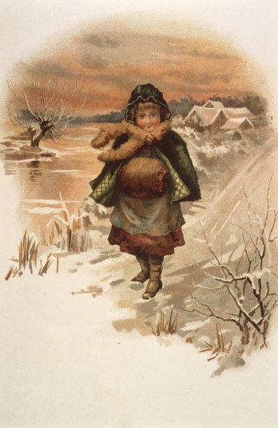 Jente på en snødekt vei, illustrasjon fra Where Lilies Live, 1889 av Edith S. Berkeley