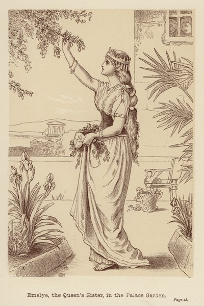 Emelye, dronningens søster, i slottshagen (lito) av Edith Scannell
