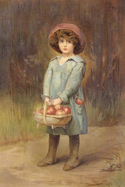 En til seg selv - Gutt med en kurv med epler (fargelitografi) av Edith Scannell