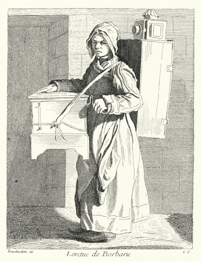 Tønneorgelspiller (gravering) av Edmé (after) Bouchardon