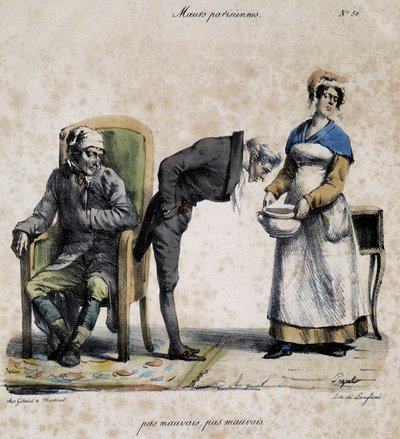 Syk, lege ser i gryten og tjener. Tegneserie av parisisk moral av Pigal (1800-tallet), bevart på Musee Dobree i Nantes. av Edme Jean (after) Pigal