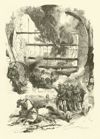 Brann i bryggene i London (gravering) av Edmond (after) Morin
