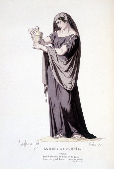 Karakteren til Cornelie i teaterstykket La mort de Pompee - Theatre complet: (Compendium of plays of Corneille) tegning av Geffroy, gravering av Colin - red. Laplace, Sanchez et Cie, Paris 1884 av Edmond Aime Florentin Geffroy