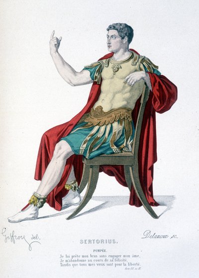 Karakteren til Pompee i teaterstykket Sertorius - Full Theatre: (Samling av skuespill av Corneille) tegning av Geffroy, gravering av Delanoux - red. Laplace, Sanchez et Cie, Paris 1884 av Edmond Aime Florentin Geffroy