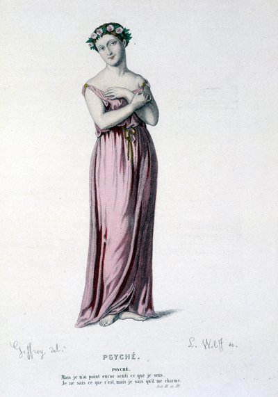 Karakteren til Psyche i tragikomedien og balletten Psyche, Moliere et Corneille - Full Theatre: (Samling av skuespill av Corneille) tegning av Geffroy, gravering av L. Wolff - red. Laplace, Sanchez et Cie, Paris 1884 av Edmond Aime Florentin Geffroy