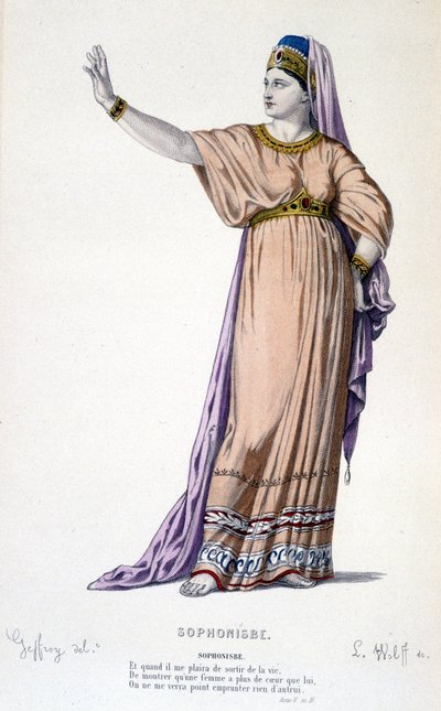 Karakteren til Sophonisbe i tragedien Sophonisbe - Full Theatre: (Samling av skuespill av Corneille) tegning av Geffroy, gravering av L. Wolff - red. Laplace, Sanchez et Cie, Paris 1884 av Edmond Aime Florentin Geffroy