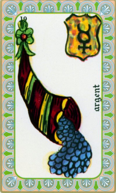 tarot av magus Belline tegnet av Edmond Billaudot c. 1845 og gitt til den klarsynte Belline for ny utstedelse: pengenes kort: mynter i et overflodshorn av Edmond Billaudot