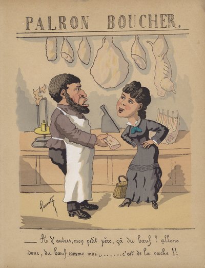 På en slakterbutikk (farge litho) av Edmond Lavrate