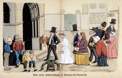 Tegneserie om det franske samfunnet av Lavrate: et aristokratisk bryllup i Coussy les Cornards. 1880 av Edmond Lavrate