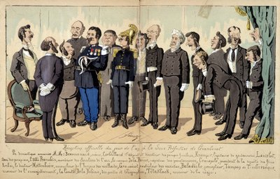 Tegneserie om det franske samfunnet av Lavrate: de forskjellige figurene fra embetsverket, administrative tjenester... ved en offisiell mottakelse. 1880 av Edmond Lavrate
