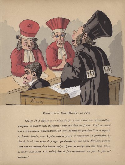 Rettssalscene (litho i farger) av Edmond Lavrate