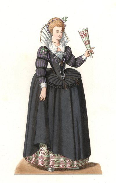 Fransk kvinne under kong Henry III (1551-1589) - Litografi basert på en illustrasjon av Edmond Lechevallier-Chevignard (1825-1902), fra "Costumes historiques des 16th av Edmond Lechevallier Chevignard