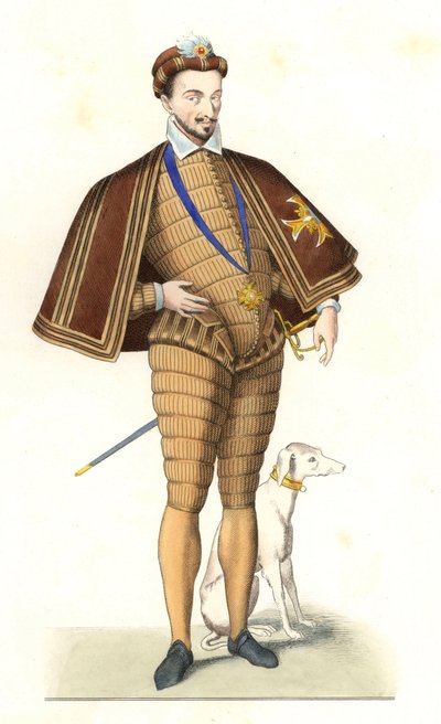 Kong Henry III av Frankrike (1551-1589), iført kjede av Den Hellige Ånds Orden - Litografi etter en illustrasjon av Edmond Lechevallier-Chevignard (1825-1902), fra "Costumes historiques des 16th av Edmond Lechevallier Chevignard