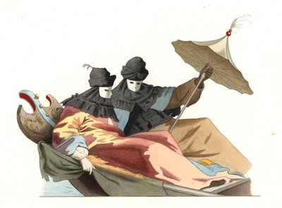 Venitianere iført bauta-masken, Italia 1700-tallet, basert på et maleri av Giovanni Antonio Canal dit Canaletto (1697-1768) - Litografi basert på en illustrasjon av Edmond Lechevallier-Chevignard (1825-1902), fra "" Historical Costumes of the 16t av Edmond Lechevallier Chevignard