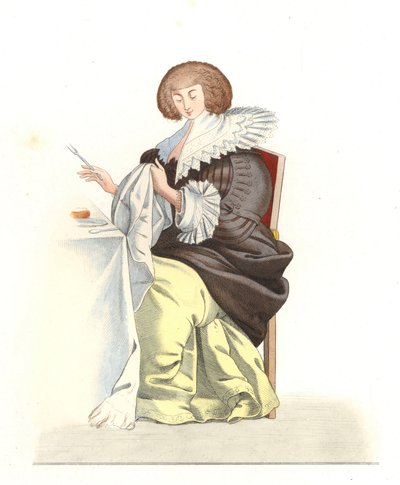 Kvinne fra den franske adelen 1500-tallet, etter en gravering av Abraham Bosse (1602-1676) - Litografi fra en illustrasjon av Edmond Lechevallier-Chevignard (1825-1902), fra "Costumes historiques des 16th av Edmond Lechevallier Chevignard