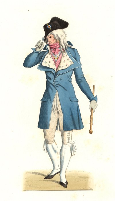 Ung fransk mann født på samme måte som de utrolige på 1700-tallet, etter et maleri av Carle Vernet (1758-1836) - Litografi fra en illustrasjon av Edmond Lechevallier-Chevignard (1825-1902), fra "Costumes historiques des 16e" av Edmond Lechevallier Chevignard