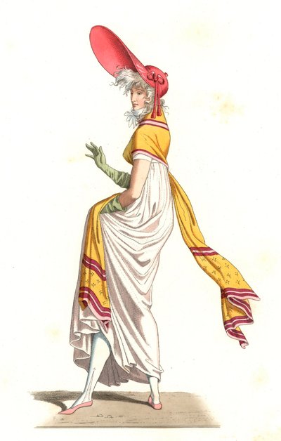 Ung fransk kvinne kledd i 1700-talls mote, etter et maleri av Carle Vernet (1758-1836) - Litografi etter en illustrasjon av Edmond Lechevallier-Chevignard (1825-1902), fra "Costumes historiques des 16th" av Edmond Lechevallier Chevignard