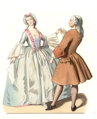 Dansemester og en ung venetianer, danselecon i Italia på 1700-tallet, basert på et maleri av Pietro Longhi (1701-1785) - Litografi basert på en illustrasjon av Edmond Lechevallier-Chevignard (1825-1902), hentet fra "" Historical Costumes of den 1 av Edmond Lechevallier Chevignard