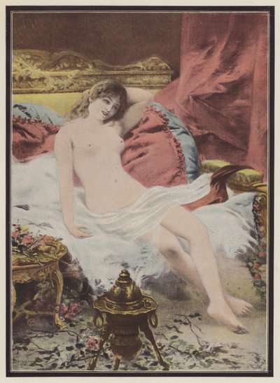 Delerium, kvinne som sitter på en sofa (farge litho) av Edmond Louis Dupain