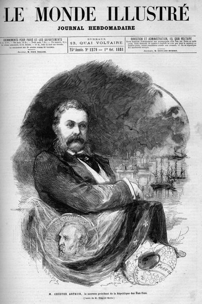Portrett av Chester Alan Arthur (1830-1886), president i USA. Gravering av Edmond Morin. En av «The Illustrous World» nr. 1279 av 1. oktober av Edmond Morin