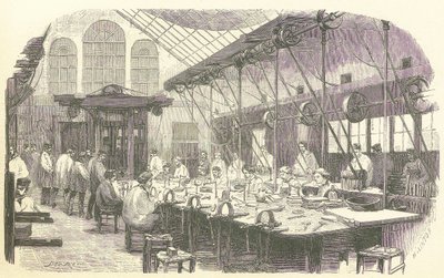 Sølvsmeder på jobb på Christophle Flatware Factory i Paris, pub. 1875 (gravering) av Edmond Morin