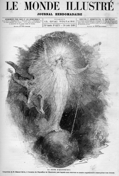 Dronningen av i dag: allegori om elektrisitet som en kvinne som dominerer verden laget på Electricite-utstillingen i 1881. Gravering av Edmond Morin. En av «The Illustrous World» nr. 1273 av 20. august av Edmond Morin