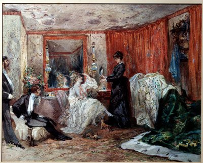 Teaterkomiker Hortense Schneider (1833-1920), elskerinne til Jacques Offenbach (1819-1890), representerer til venstre i garderoben hennes på Theatre des varietes. Akvarell av Edmond Morin (1824-1882) 1873 Compiegne, Castle Museum av Edmond Morin