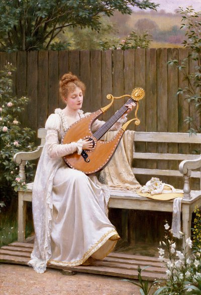 «Con Amore» Ung kvinne som spiller lyre. Maleri av Edward Blair Leighton (1853–1922) 1895 av Edmund Blair Leighton