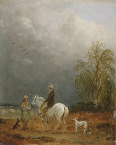 En reisende og en hyrde i et landskap (olje om bord) av Edmund Bristow