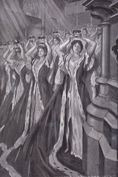 Peeresses tar på seg kronene ved kroningen av dronning Alexandra, konsort av kong Edward VII, Westminster Abbey, London av Edmund Joseph (after) Sullivan