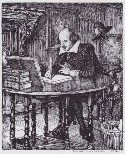 Shakespeare i hans studie (litho) av Edmund Joseph (after) Sullivan