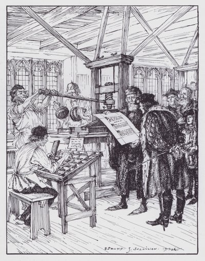 William Caxton i trykkeriet hans (litho) av Edmund Joseph (after) Sullivan