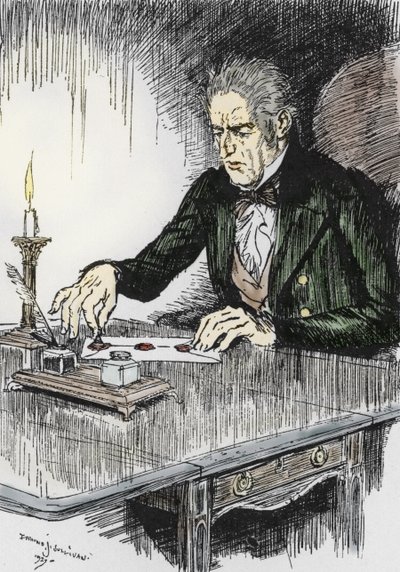 Dr jekyll avslutter brevet der han tilstår å være morderen Mr Hyde, Illustrasjon av Edmund Joseph Sullivan (1869-1933) for romanen L'Etrange Cas du dr Jekyll et de Mr Hyde" av Robert Louis Stevenson (1850-1894) 1927 (Dr. Jekyll, etter å ha skrevet av Edmund Joseph Sullivan