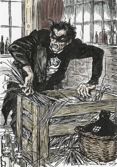 Dr. jekyll søker desperat etter pulveret som lar ham forringe karakteren hans som Mr Hyde, Illustrasjon av Edmund Joseph Sullivan (1869-1933) for romanen L'Etrange Cas du dr Jekyll et de Mr Hyde"" av Robert Louis Stevenson (1850-1894) ) 1927  av Edmund Joseph Sullivan