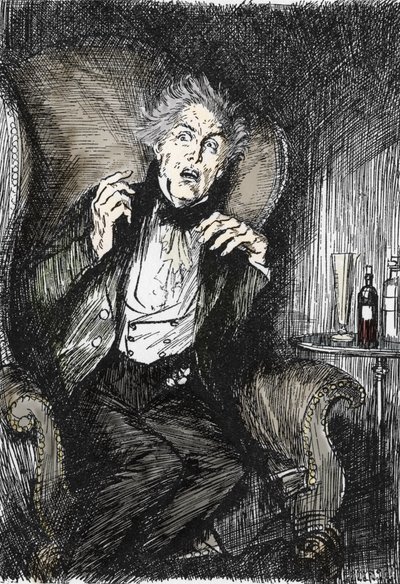 Dr. jekyll i redsel under samtalen med Utterson og Enfield, Illustrasjon av Edmund Joseph Sullivan (1869-1933) for romanen L'Etrange Cas du dr Jekyll et de Mr Hyde"" av Robert Louis Stevenson (1850-1894) 1927 (An uttrykk for slik uhyggelig te av Edmund Joseph Sullivan