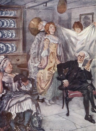 Illustrasjon for The Vicar of Wakefield av Oliver Goldsmith (farge litho) av Edmund Joseph Sullivan