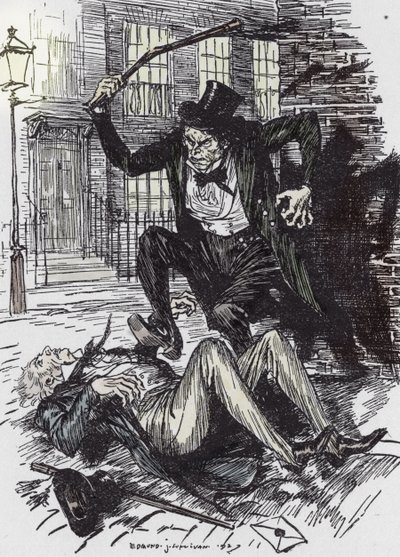 Mr Hyde-morder Sir Danvers Carew, illustrasjon av Edmund Joseph Sullivan (1869-1933) for romanen L'Etrange Cas du dr Jekyll et de Mr Hyde" av Robert Louis Stevenson (1850-1894) 1927 (Mr Hyde klubber Sir Danvers Carew til død "" med ae-li av Edmund Joseph Sullivan