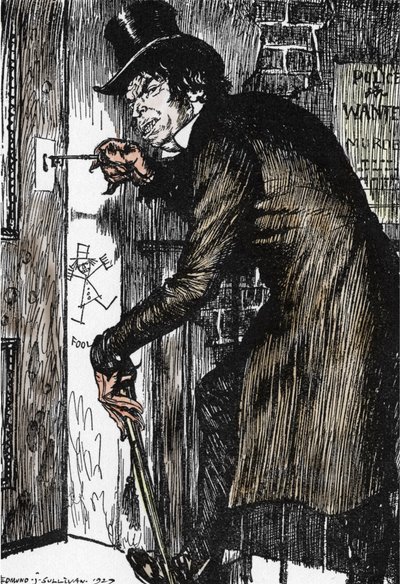 Mr Hyde vender hjem etter en natt med eventyr for å ta motgiften og gjenoppta utseendet til Dr Jekyll, Illustrasjon av Edmund Joseph Sullivan (1869-1933) for romanen L'Etrange Cas du dr Jekyll et de Mr Hyde”” av Robert Louis Stevenson (1850-1894) av Edmund Joseph Sullivan
