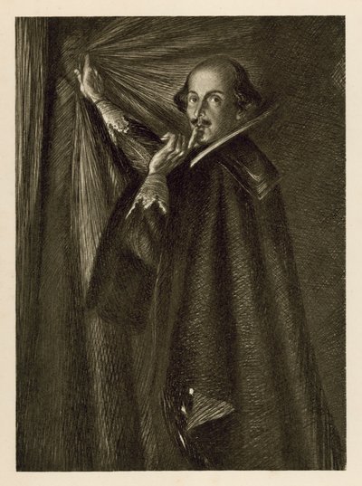 William Shakespeare holder forhenget og ber oss være stille (litho) av Edmund Joseph Sullivan