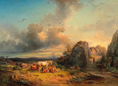 Dyreflokk og figurtilbehør foran et vidt landskap av Edmund Mahlknecht