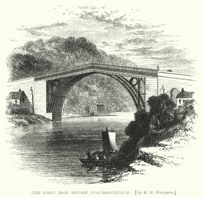 The First Iron Bridge, Coalbrookdale (gravering) av Edmund Morison (after) Wimperis