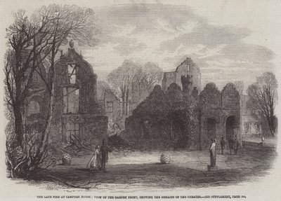 Den sene brannen ved Campden House, utsikt over hagefronten, som viser restene av teatret av Edmund Morison Wimperis