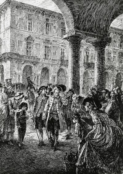 Møte under Torinos arkader, illustrasjon for Stormen, Satet, Torino av Edoardo Calandra