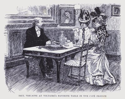 Bohemian Paris: Paul Verlaine ved Voltaires favorittbord i Cafe Procope (litho) av Edouard Alfred (1875-1954) Cucuel