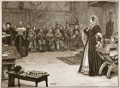 Rettssak mot Mary Queen of Scots i Fotheringhay Castle, illustrasjon fra 'Cassell's Illustrated History of England' (sepia-foto) av Edouard Berveiller